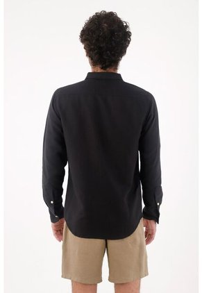 Tennis Camisa Para Hombre Lino Negro Corte Regular Con Botones Claros