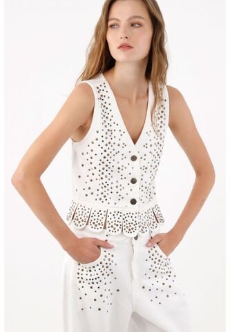 Tennis Chaleco Entallado Con Peplum Ondulado Y Taches En Algodón Blanco Para Mujer Tennis