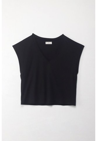 Tennis Camiseta Manga Sisa Negra Con Acabado Acanalado Para Mujer Tennis