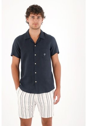 Tennis Camisa En 100% Lino Azul Con Acabado Suave Para Hombre