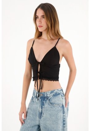 Tennis Crop En Rib Con Detalle De Encaje En El Ruedo Negro Para Mujer