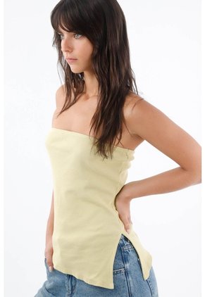 Tennis Top Strapless Para Mujer De Algodón Amarillo Pastel Fit Ceñido Con Tejido Acanalado