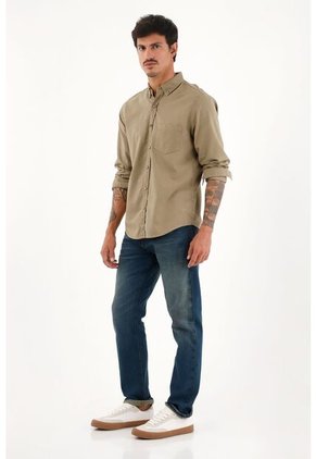Camisa Oxford Manga Larga Café Para Hombre