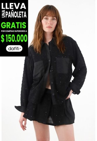 Tennis Camisa Con Detalles De Lentejuelas Y Lino Negra Para Mujer Tennis