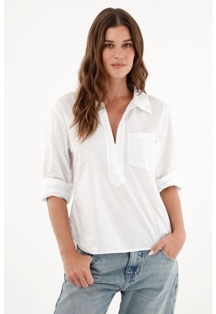 Camisa Blanca Con Bolsillo Delantero Para Mujer