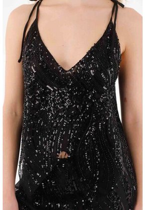 Tennis Camisa De Tiras Con Detalles En Lentejuelas Negra Para Mujer