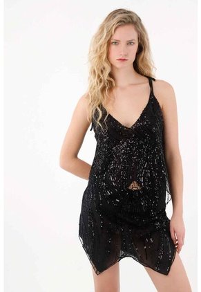 Tennis Camisa De Tiras Con Detalles En Lentejuelas Negra Para Mujer