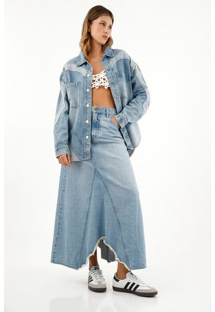 Sobrecamisa Azul Denim Con Cortes Para Mujer