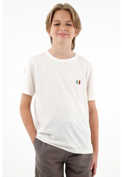 Camiseta Blanca Cuello Redondo Con Bordado Tejido Para Niño