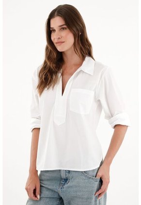 Camisa Blanca Con Bolsillo Delantero Para Mujer