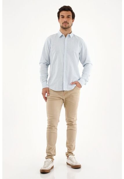 Camisa Azul A Rayas Manga Larga Para Hombre