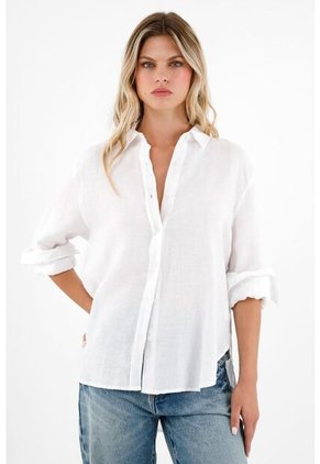 Tennis Camisa 100% Lino Manga Larga Blanca Para Mujer