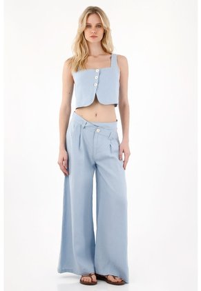 Tennis Chaleco En 100% Lino Crop Azul Para Mujer