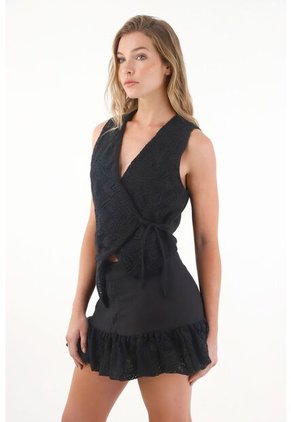 Tennis Camisa Tipo Chaleco Bordada Negra Para Mujer