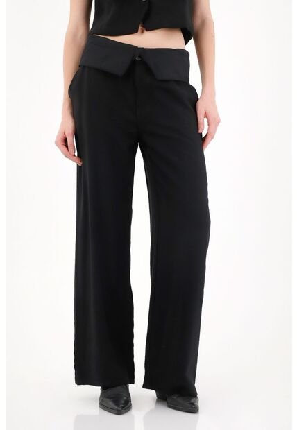 Tennis Pantalón Wide Leg Con Doblez En Pretina Negro Para Mujer