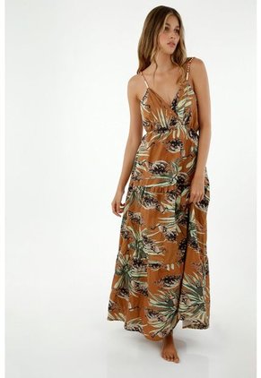 Vestido De Mujer, Diseño Largo Con Cuello En V De Tiras Bordadas, Y Estampado Tropical