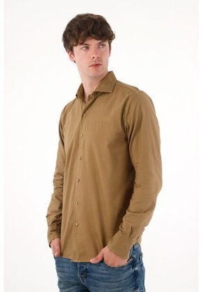Camisa Manga Larga Café Para Hombre