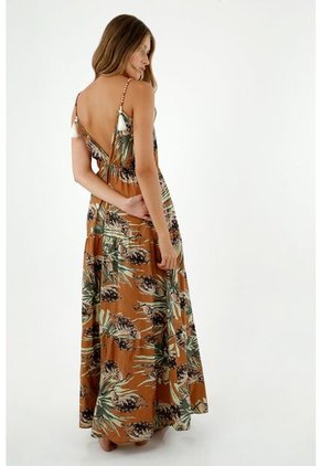 Vestido De Mujer, Diseño Largo Con Cuello En V De Tiras Bordadas, Y Estampado Tropical