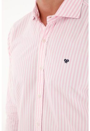 Camisa Con Diseño A Rayas Manga Larga Rosada Para Hombre