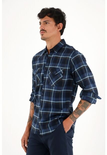 Tennis Camisa Leñadora Con Botones En Madera Azul Para Hombre