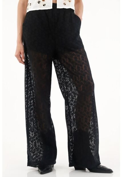 Tennis Pantalón Recto Negro En Encaje Para Mujer