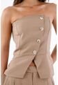 Tennis Top Strapless Para Mujer En Tejido Suave Beige Entallado Con Botones Asimétricos de Tennis