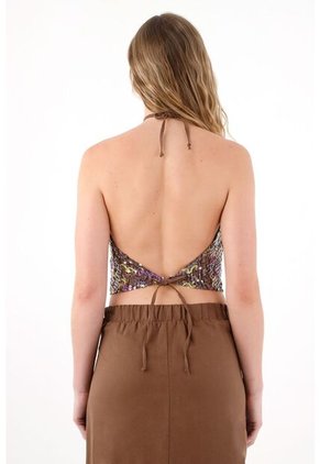 Tennis Camisa Crop Con Lentejuelas Café Para Mujer