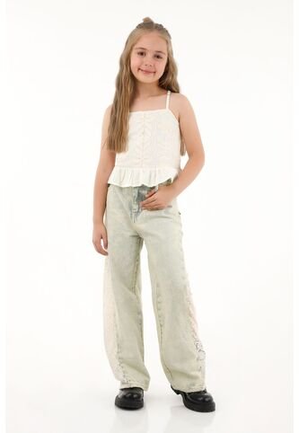 Jean Wide Leg Tiro Alto Con Detalles De Encaje Azul Para Niña Tennis