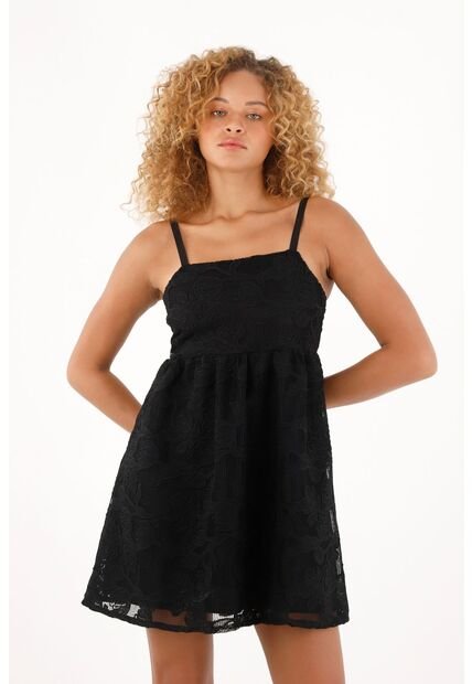Tennis Vestido Negro Corto En Tela Bordada Para Mujer