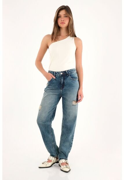 Tennis Jean Mom Tiro Alto Con Rotos Para Mujer
