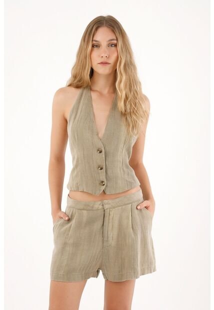 Chaleco Con Escote En V Y Tiras Anudables Café Para Mujer