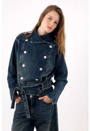 Tennis Abrigo Fit Relajado Con Botones Dobles Azul Para Mujer