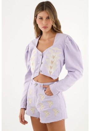 Chaqueta Morada Con Bordados Decorativos Para Mujer