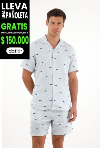 Tennis Camisa Azul Con Bordado De Peces Para Hombre Tennis