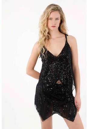 Tennis Camisa De Tiras Con Detalles En Lentejuelas Negra Para Mujer