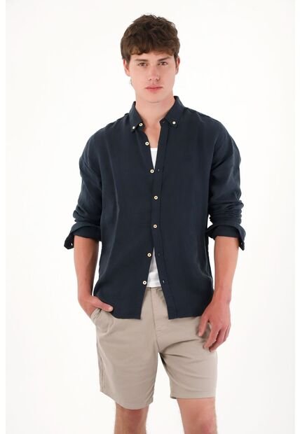 Tennis Camisa En 100% Lino Manga Larga Azul Para Hombre