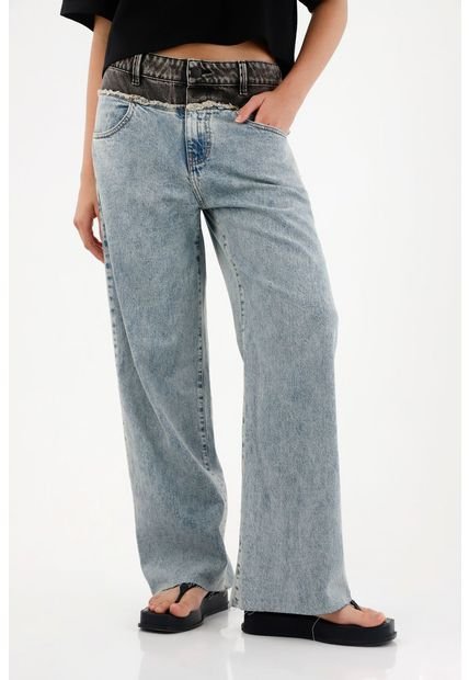 Jean Wide Leg De Tiro Alto Con Pretina En Contraste Para Mujer