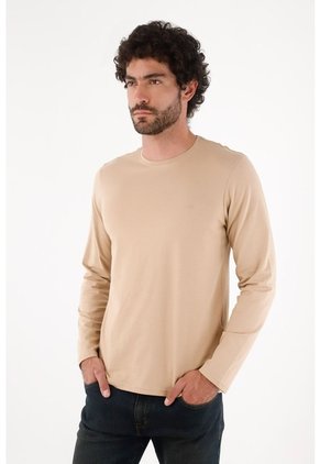 Tennis Camiseta Manga Larga Corte Recto Con Logo Tonal Discreto En Algodón Beige Para Hombre