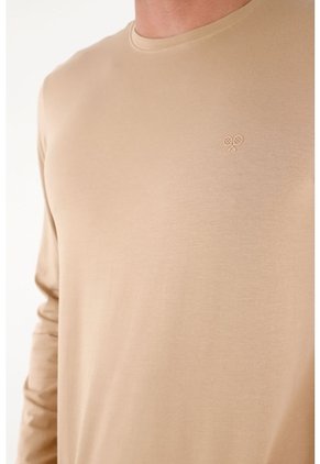 Tennis Camiseta Manga Larga Corte Recto Con Logo Tonal Discreto En Algodón Beige Para Hombre