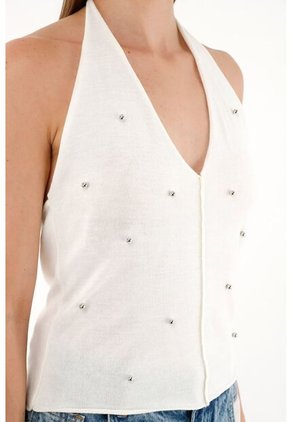 Tennis Camiseta Tejida Crudo Con Apliques De Brillo Para Mujer