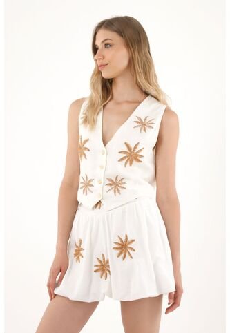 Tennis Chaleco En 100% Lino Con Bordado De Palmeras Para Mujer Tennis