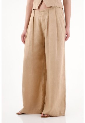 Tennis Pantalón Wide Leg En 100% Lino Con Tablas Crudo Para Mujer