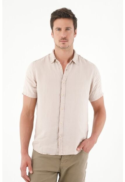 Tennis Camisa En 100% Lino Manga Corta Café Para Hombre