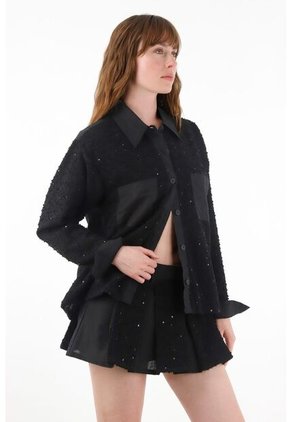 Tennis Camisa Con Detalles De Lentejuelas Y Lino Negra Para Mujer