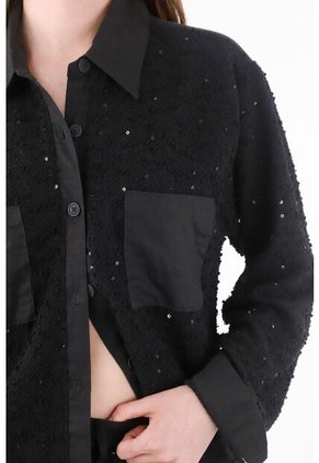 Tennis Camisa Con Detalles De Lentejuelas Y Lino Negra Para Mujer