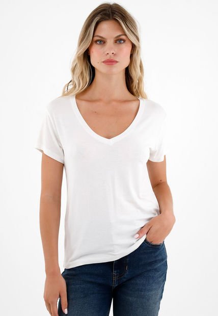Camiseta Blanca Cuello V Para Mujer