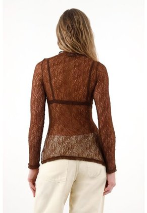 Tennis Camiseta Manga Larga De Tela Con Textura Café Para Mujer