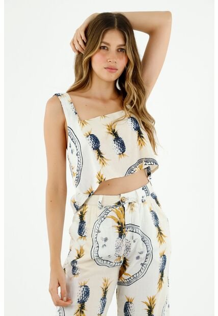 Camisa De Mujer, Silueta Crop Amplia De Tirantes Cruzados Y Estampado De Piñas