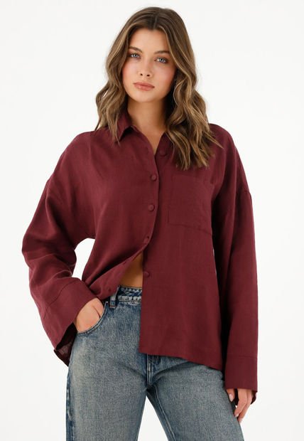 Camisa En 100% Lino Manga Larga Roja Para Mujer