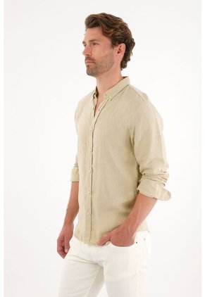 Camisa En 100% Lino Manga Larga Verde Para Hombre